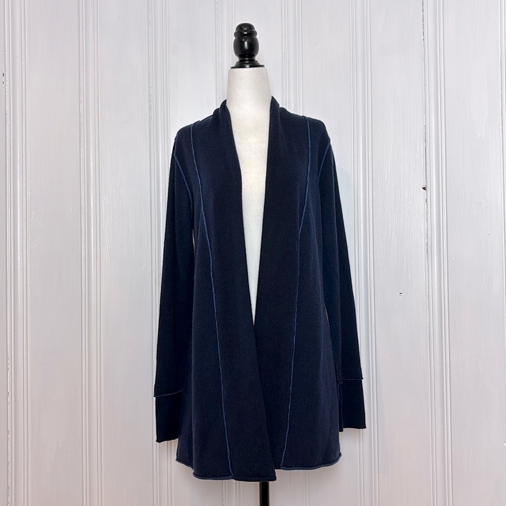 Nice Collection Navy Blue Wool and Cashmere Cardigan with Contrasting Details